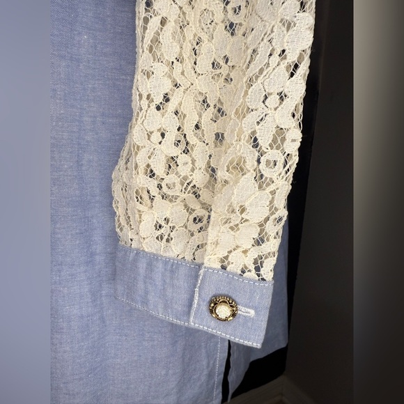 Vintage Lacy Afternoon by Shell Kepler Chambray & Lace Shirt Dress - Size M - Picture 6 of 12